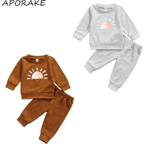 2021 0-24M Baby Fall Clothing Boys Girls Cute Sun Print Long Sleeve Pullover Tops Sweatshirt+Pants Set Casual Cotton 2pcs