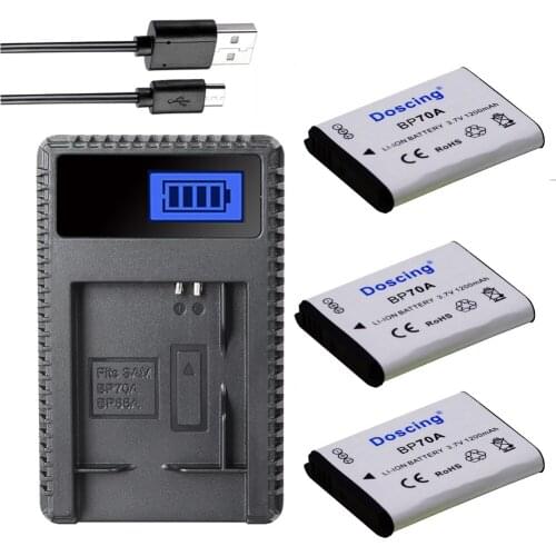 3Pcs Doscing 1200mAh BP-70A Battery + LCD USB Charger for Samsung ST60 ST61 ST70 ST71 ES65 ES67 ES70 ES71 ES73 ES74 SL50 SL600