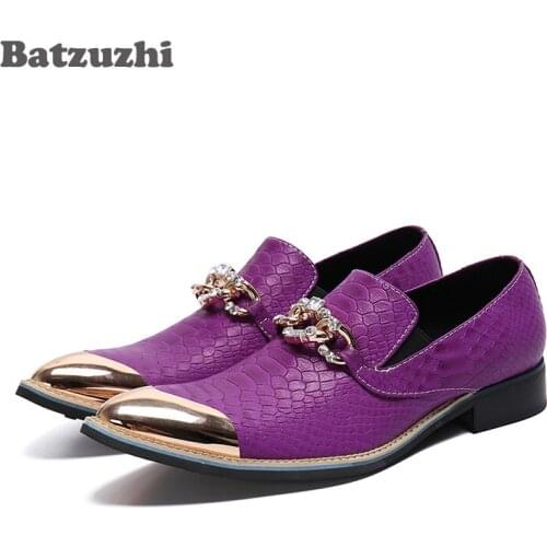 Batzuzhi Fashion Men Shoes Luxury Handmade Leather Dress Shoes Pointed Toe Purple Business Flats Shoes for Party and Wedding Men