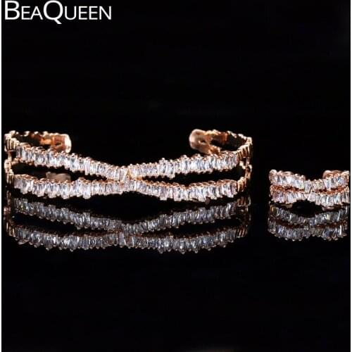 BeaQueen Trendy Baguette Cubic Zirconia Paved Adjustable Rose Gold Color Cross Open Cuff Bangle and Ring Sets for Women JS098