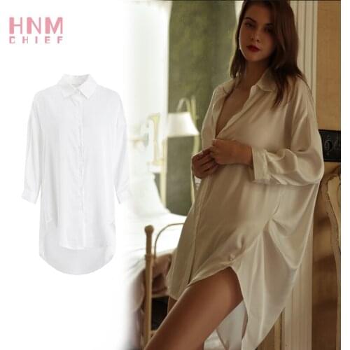 HNMCHIEF White Pajama Shirt Female Satin Silk Nightgown Women Sleep Dress Loose Casual Homewear Long Sleeve Nightdress Sexy Soft
