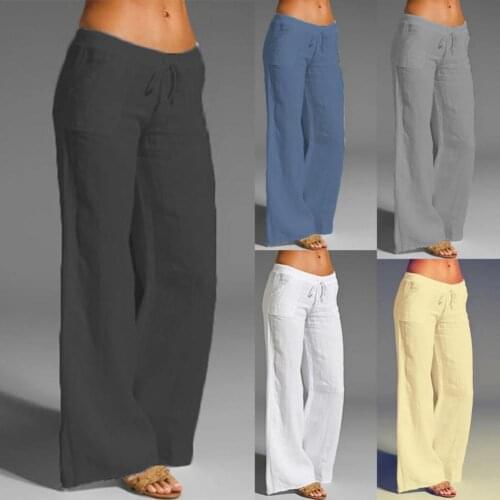 Summer Women Solid Color Pants Casual High Waist Wide Leg Drawstring Elastic Waist Loose Slacks Pants Ladies Bottoms for Work