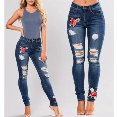 Stretch Jeans For Women Elastic Flower Jeans Ladies Pencil Denim Pants Hole Ripped Pantalon Rose Embroidered Pattern Jeans