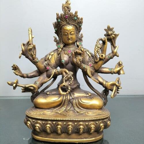 9"Chinese Folk Collection Old Bronze mosaic Gem Quasi tifomu 1000 Arm Guanyin Bodhisattva Buddha Ornaments Town House