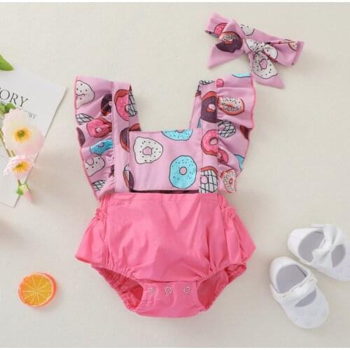Toddler Baby Girls Rompers Infant Summer Outfits Cute Doughnut Print Ruffle Sleeve Jumpsuits with Headband Children 2Pcs Set