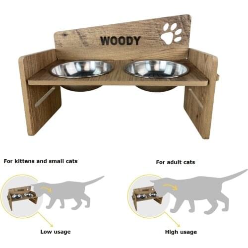 Height Adjustable Cat and Small Breed Dog Food and Water Container with Steel Bowl Completely Wooden Pattern