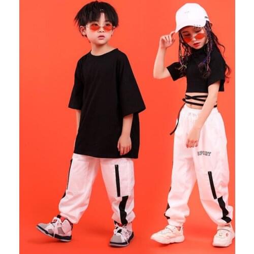 2 Pcs Sets Teenage Girls Boys Hip Hop Jazz Dance Costumes bandage Balck Tops White Pants Kids Sports Suits 8 10 12 14 16 Years