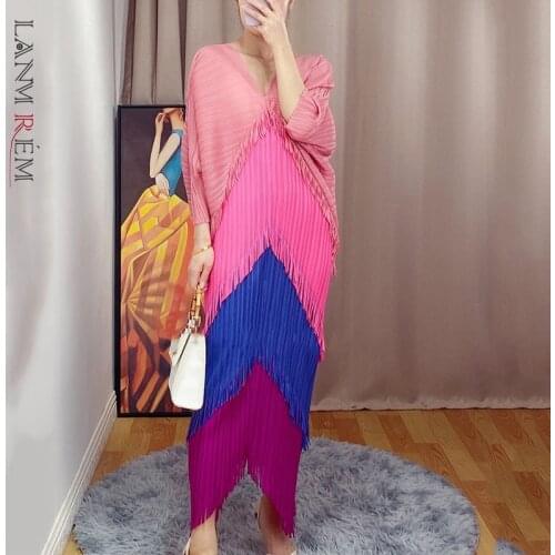 LANMREM 2021 New Autumn Summer Tassel Dress Women Stitching Color Long Loose Dresses Ladies Party Clothes 2D1608