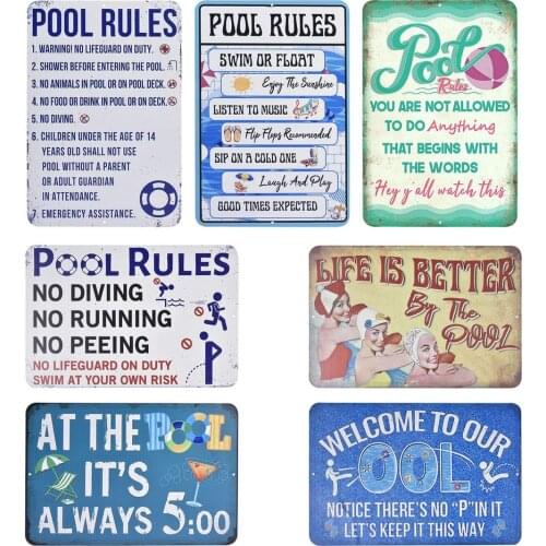 Swimming Pool Sign Plaque Metal Vintage Summer Metal Wall Sign Beach Decor For Beach Bar Beach House Seaside Warning Rules Plate