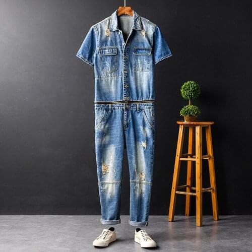 Japanese Retro denim Jumpsuit Male Korean version of the Hole Nine points pants Detachable Jumpsuit Short Sleeve Suit Size M-XXL