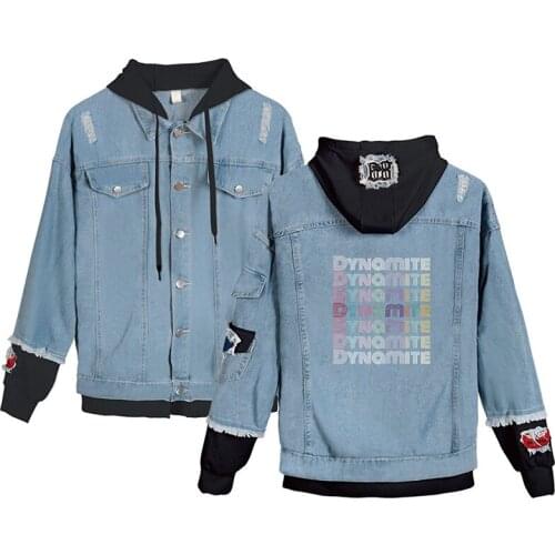 New Bangtan Boys DYNAMITE Denim Jacket Men women Fashion Outwear Jean Coats Jackets Harajuku Kpop Hooded Jacket Bangtan Clothes