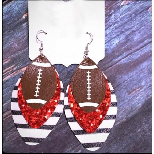 2019 New Glitter 3D Football Triple Layer Faux Leather Earrings Fashion Christmas Sequins Teardrop Striped Earrings Customize