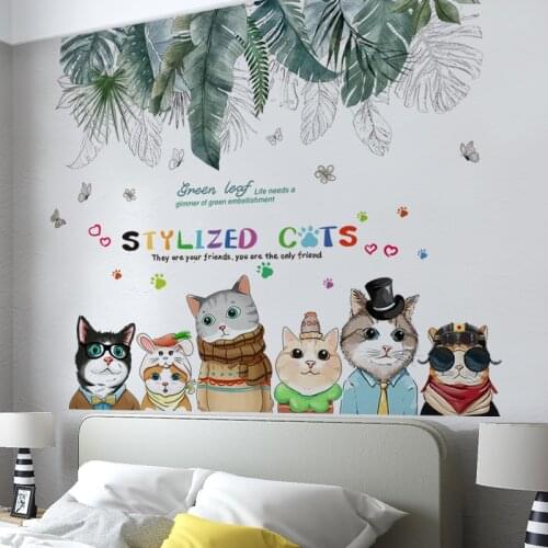 [shijuekongjian] Plant Leaves Wall Stickers DIY Cats Animal Wall Decals for Kids Rooms Baby Bedroom Nursery House Decoration