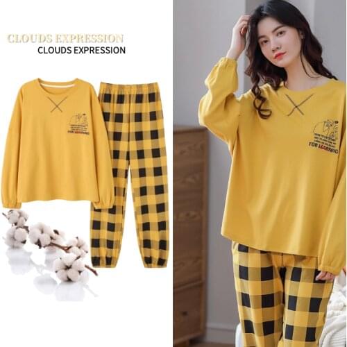 Spring Autumn100% Cotton Elegant Womens Pajama Sets Pyjamas Plaid Sleepwear Long Pijama Mujer Nightsuit Home Loungewear Fashion
