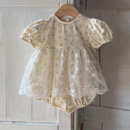 Vintage Floral Girls Romper Summer Short Puff Sleeve Infant Bodysuit for Princess Girls Costumes Toddler Overalls Children