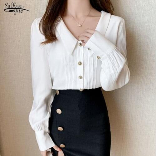 Autumn New Long Sleeve Korean Style Office Lady Women Blouses Elegant Vintage Polo Collar White Women Shirts Ropa De Mujer 10576