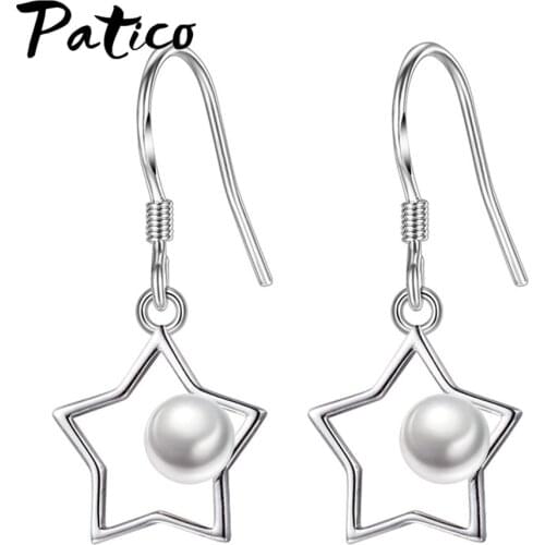 Trendy Exquisite Creative Simulated Pearl Drop Earrings 925 Sterling Silver Star Triangle Statement For Women Wedding Party Gift