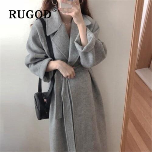 RUGOD Vintage solid long wool coat 2019 Fashion auturm winter warm Cashmere outwear female Casual turn-down collar loose Outwear