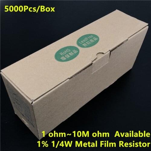 5000pcs/Box (1~10M ohm Available) 1/4W Metal Film Resistor 0.25W 1% 1/10/100/1k/10k/100k/1M/4.7R/47R/470R/4.7K/47K/470K/4.7M