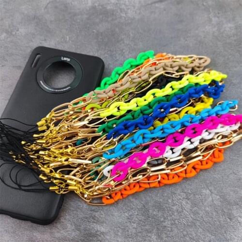 Hot Colorful Acrylic Rubber Plated Mobile Phone Chain Anti-lost Lanyard Soft Pottery Hanging Golden Chain for Women Girls