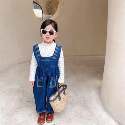 Childrens Clothing 2021 Autumn Childrens Baby Embroidered Suspender Pants Children Girls Retro Wide-Leg Jeans Fashion