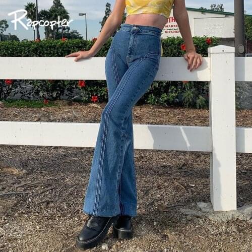 Rapcopter Vintage Denim Pants Patchwork Mid Waisted Jeans Mom Boot Cut Streetwear Cargo Pants Women Striped Joggers Blue Jeans