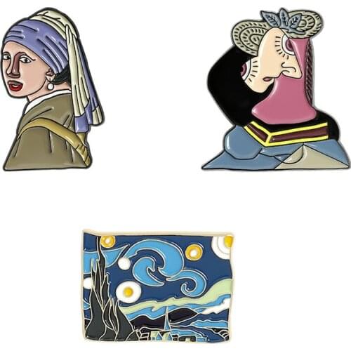 Cartoon Painting Enamel Pins Famous Starry Night Dream Het meisje met de parel Brooches Bag Lapel Badge Art Badge Jewelry Gift