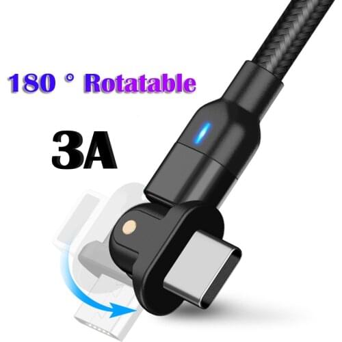 USB Type C Data Cable 3A Fast Charging Wire For Xiaomi Samsung S10 S9 S8 Huawei 90°/180° Rotating USB C Mobile Phone Data Cord