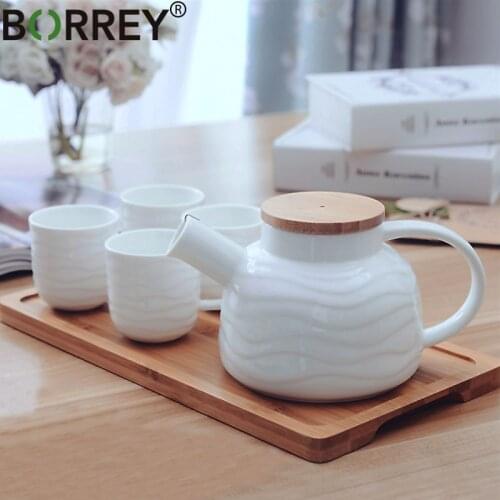 BORREY 5Pcs/Set Ceramic Tea Sets 1 Teapot 4 Cup Office Coffee Pot Cup 800Ml Water Puer Kettle Chinese White Porcelain Teaware