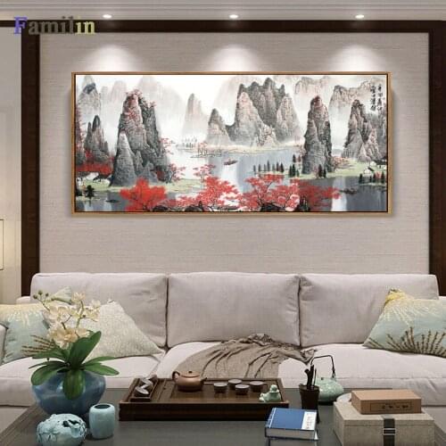 Chinese Landscape canvas paintings Red maple and boat canvas pictures vintage home decorative on the wall art for living room