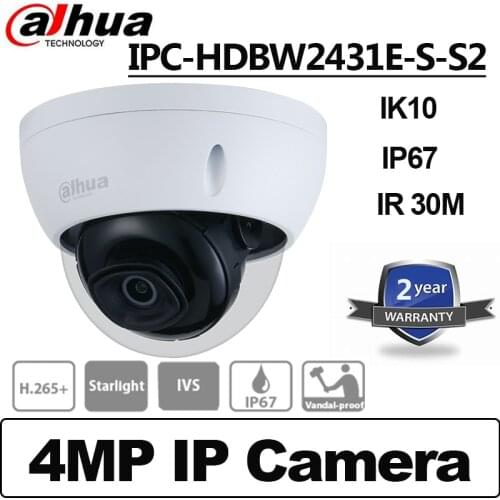 Dahua IPC-HDBW2431E-S-S2 4MP POE IP67 IK10 Lite IR 30M Fixed-focal Dome Network Camera Starlight CCTV Camera