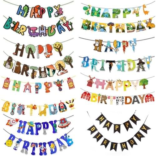 LAPHIL Jungle Theme Party Paper Banners Cartoon Animal Dinosaur Bunting Garland Happy Birthday Decorations Baby Birthday Favors
