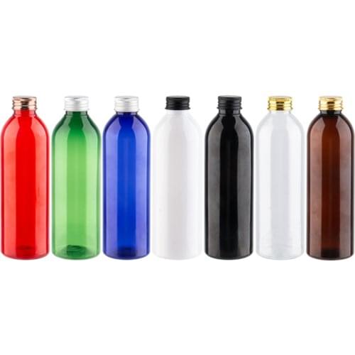Refillable Cosmetic Bottles With Gold Black Bronze Silver Aluminium Cap 250ml Plastic PET Screw Cap Containers For Shampoo 250cc