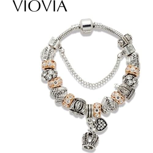 VIOVIA Fashion Crown Charm Bracelet Glod Color Crystal Beads Bracelets & Bangles For Women Jewelry Gift B15325