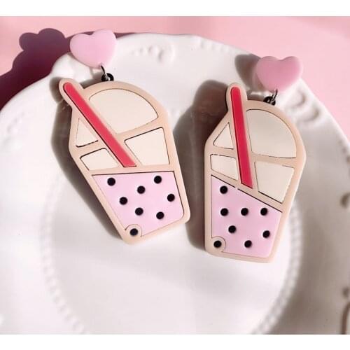ZiccoWong New Funny Creative Bubble Tea Ear Stud Earring For Women Girl Sweet Pink Acrylic Milk Tea Eardrop Jewelry Party Gift