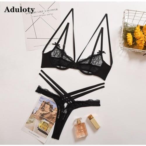 New womens sexy beautiful back lingerie set lace mesh thin section see-through underwire bra set thong erotic underwear set