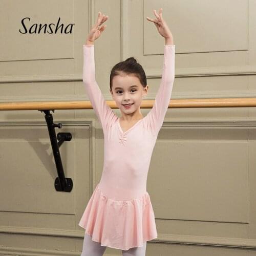 Sansha Kids Skirted Leotard Long Sleeve Cotton Lycra Girls Child Ballet Leotards Skirt Dances Dress Dancewear 51AF0002