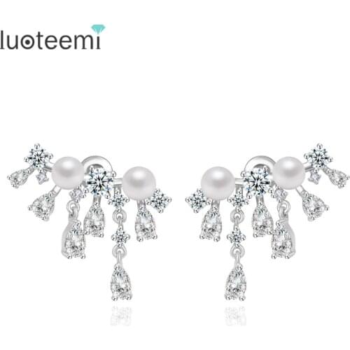 LUOTEEMI Simulated Pearl Statement Yong Lady Sexy Party Earrings Waterdrop Cubic Zirconia Stud Earrings for Women Fashion
