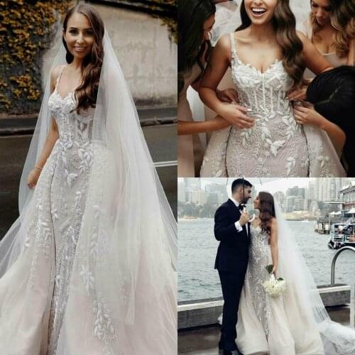 2020 Spaghetti Mermaid Wedding Dresses with Detachable Train Lace Appliques Fish Bone Top robes de mariée Backless Bridal Gowns