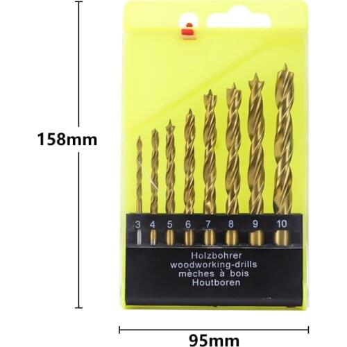 Wood Drill Bit Titanium Coated With Center Point 3 Flutes 8pcs 3-10mm Twist Drill Bit Round Shank Brad Point Drill Bit