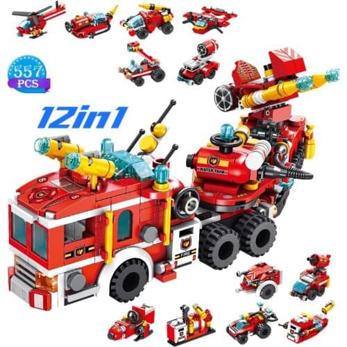 Technical Ideas 12 In 1 Fire Truck Deformation Robot Building Blocks Fire Rescue Series Assembly Bricks Toys Gifts for Children