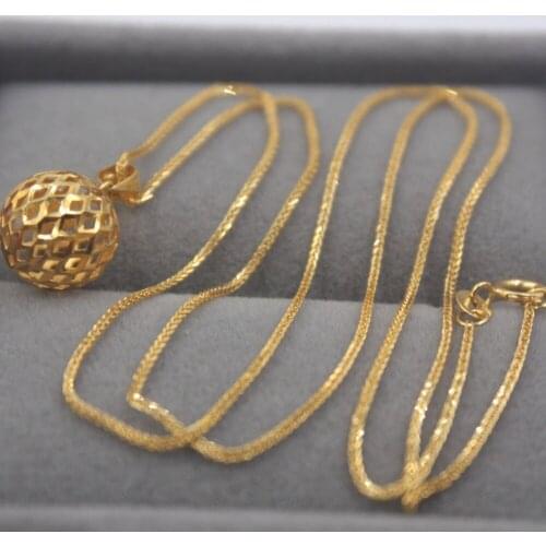 Fine Pure 18K Yellow Gold Lucky Wheat Chain Necklace with 18K Gold Hollow Ball Pendant / 45cmL Chain / Best Gift For Woman