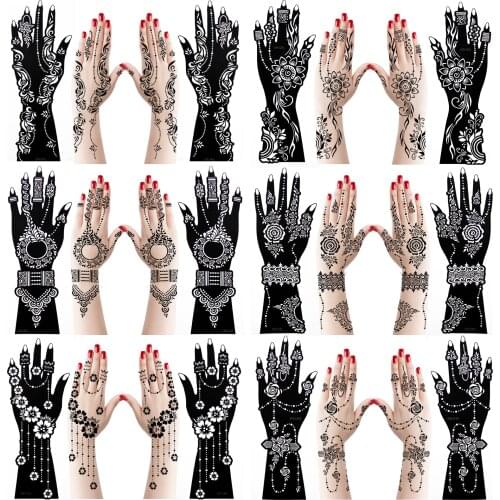 12pcs Large Henna Hand Tattoo Stencils Flower Glitter Airbrush Mehndi Indian Henna Tattoo Templates Stencil For Body Painting