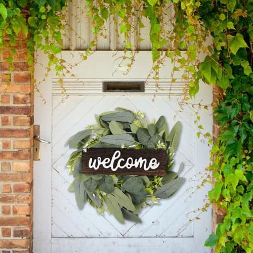 Welcome Sign Wreath 13 Inch Round Rustic Artificial Wood Hanging Eucalyptus Farmhouse Porch Decoration Wedding Party Gift