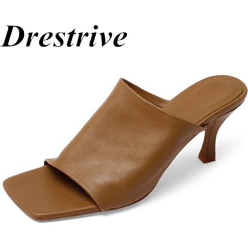 Drestrive Womens Sandals Full Genuine Leather Thin Heels Square Toe Sheepskin 2020 Summer Sexy Female Slippers Black High Heel