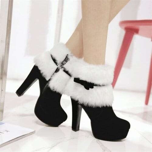 Winter Women Boots High Heels Platform Comfort Women Shoes Warm Fur Short Boots Black Ladies Party Shoes Plus Size Ankle Boots