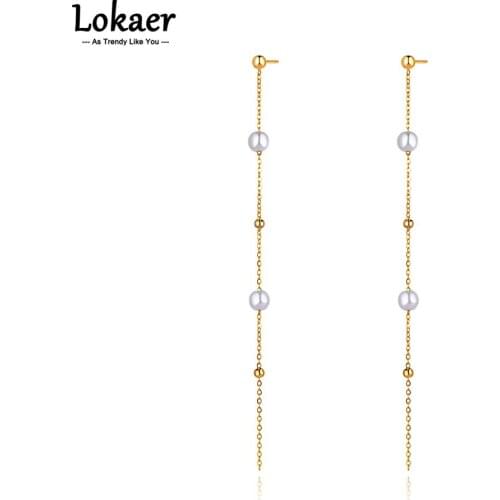 Lokaer 18K Gold Stainless Steel White Pearl Beads Tassel Earrings Jewelry Fashion Chain Link Dangle Earrings For Women E21112