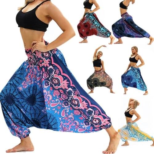 Women Yoga Pant Indian Loose Comfy Soft Harem Trousers Blend Bohemia Multicolor Geometric Print Wide Leg Pants One Size