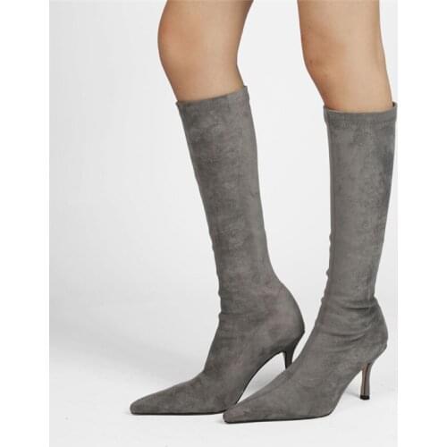 Faxu Suede Knee High Boots Women Sexy Pointed Toe Slim Stretch Thigh High Boots Female Autumn Spring Fetish Shoes Ladies