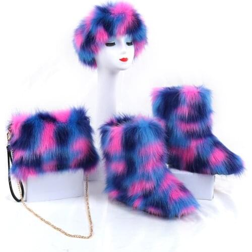 Ladies Winter Faux Fur Snow Boots Headband Shoes Sets Womens Fluffy Plush High Platform Boot Female Outdoor Furry Cotton Shoes